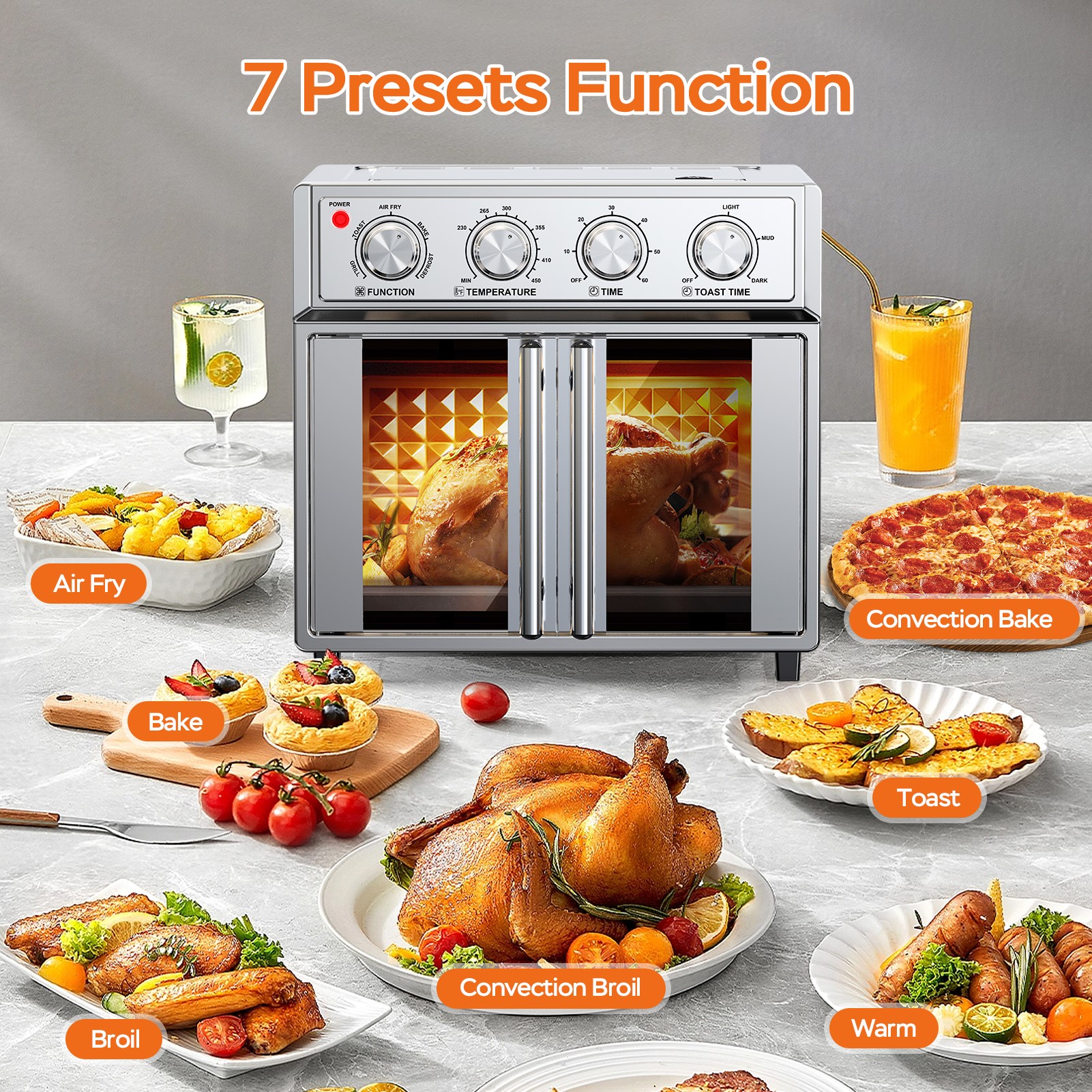 29.5 QT Air Fryer Convection Toaster Oven, French Door, 6 Slices, 1700W, Multifunction Oven, Air Fryer, Toast, Grill, Defrost, Bake, Time And Temperature Controls, Silver, Amazon Resale Prohibited — foto 2