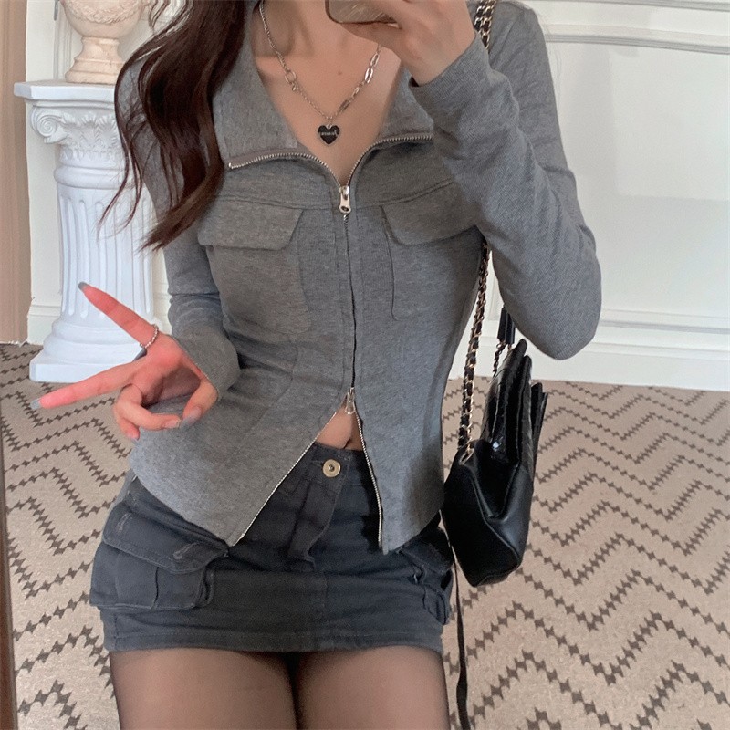 Hot Girl Slim-fit Zipper Lapel Long Sleeve Top