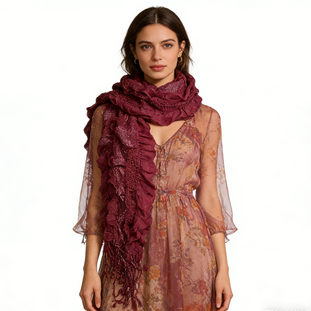 2pcs Extra Long Evening Glamour Piece Magenta Metallic Crinkle Scarf,Shimmer Textured Scarf ,Luxe Look For Evening Wear,Scarf,vacation,daily Life,evening Party,Office Appropriate Subtlety