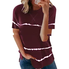 European And American New Neckline Cross Stripe Print T-shirt - Wine - View 1