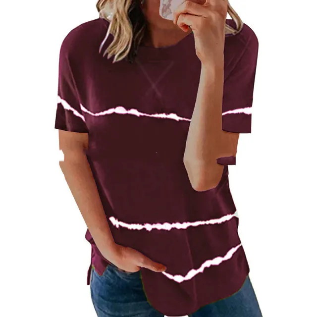 European And American New Neckline Cross Stripe Print T shirt Wine - Shop at LoveMi
