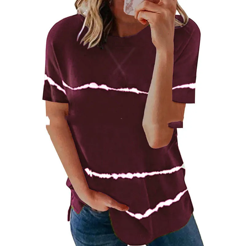 European And American New Neckline Cross Stripe Print T-shirt - Wine