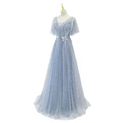 Evening Dress Female Elegant Temperament Host V-neck Super Fairy Thin Long Style - Blue - View 1