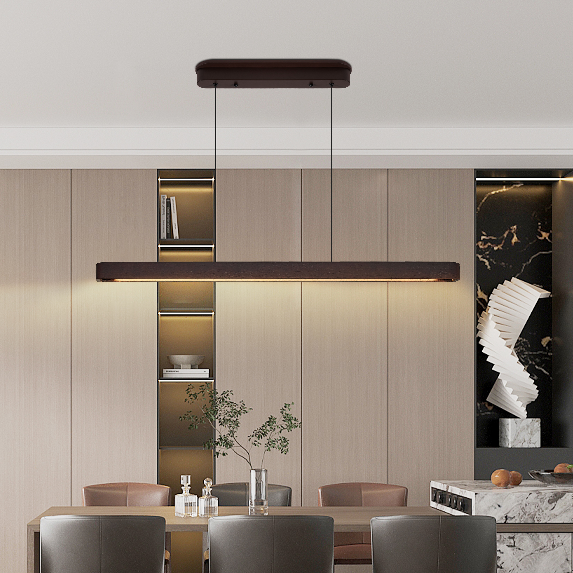 39-inch Walnut Wood Modern LED Pendant Light, Adjustable Hanging Light For Dining Room, Kitchen, Living Room Sleek Walnut Color Finish