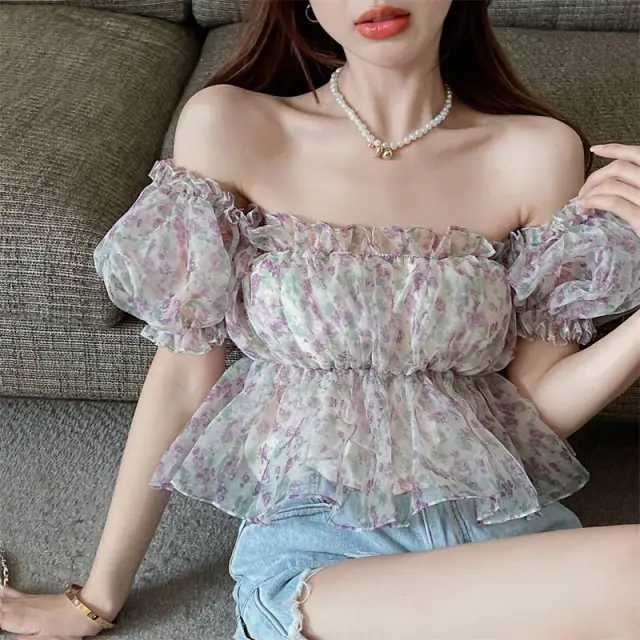 Women's Summer French Puff Sleeve Short Chiffon Shirt Top Purple - Shop at LoveMi