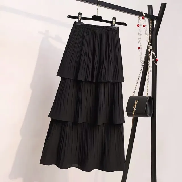 Cake Women's Spring And Summer Chiffon White Student Pleated Midi Skirt Black - Shop at LoveMi