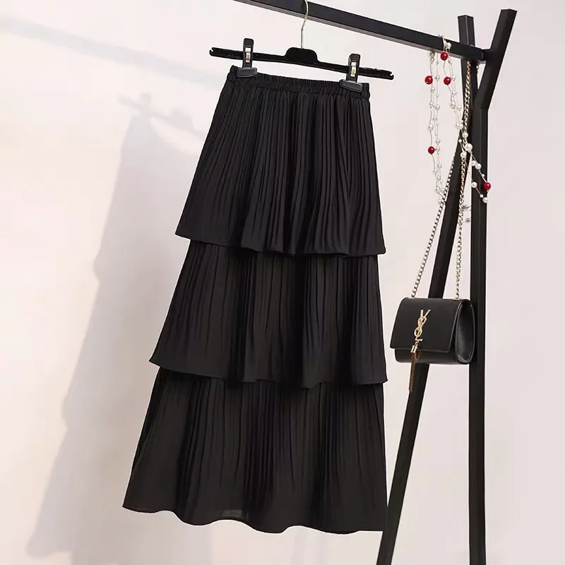 Cake Women's Spring And Summer Chiffon White Student Pleated Midi Skirt - Black