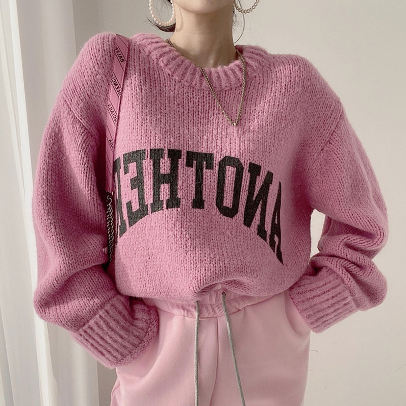 Candy Color Round Neck Letter Print Loose Long-sleeved Knitted Sweater