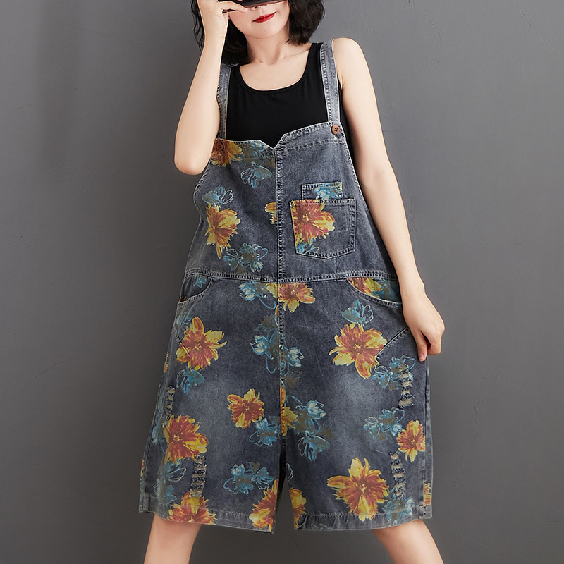 Casual Oversized Denim Printed And Washed Overalls For Women