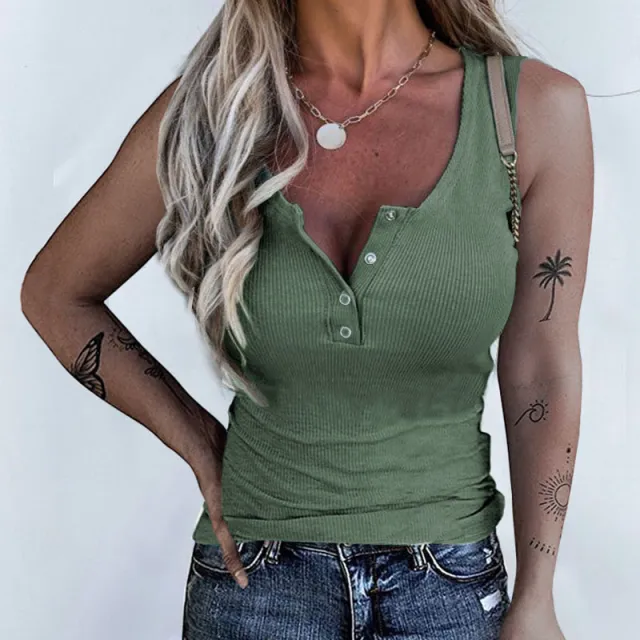 European And American Women's Clothing Thread Button Slim Tank Top T Shirt Armygreen - Shop at LoveMi