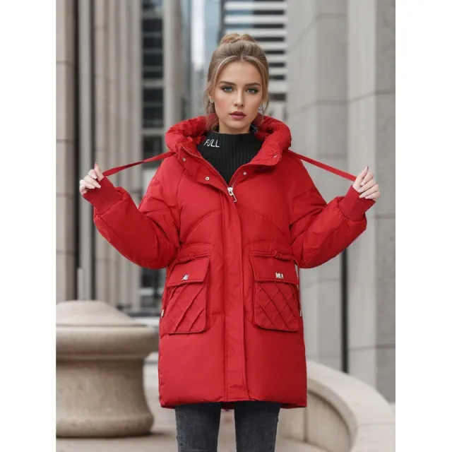 Winter Warm Hooded Coat With Pockets Fashion Solid Color Thicken Straight Cotton Jacket For Women Outerwear Clothing Red - Shop at LoveMi