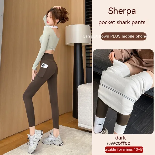 Fall High Waist Hip Lifting And Belly Contracting Yoga Barbie Bodybuilding Pocket Leggings Coffee Color Cropped Lambswool - Shop at LoveMi