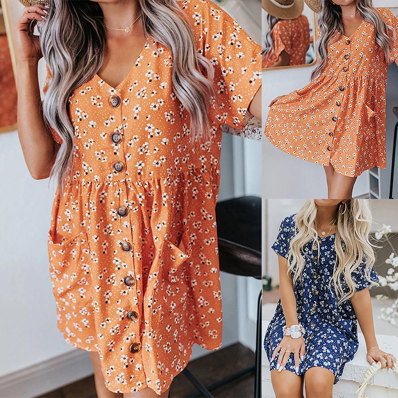 Women's Printed V-Neck Short Sleeve Single Breasted Loose Dress