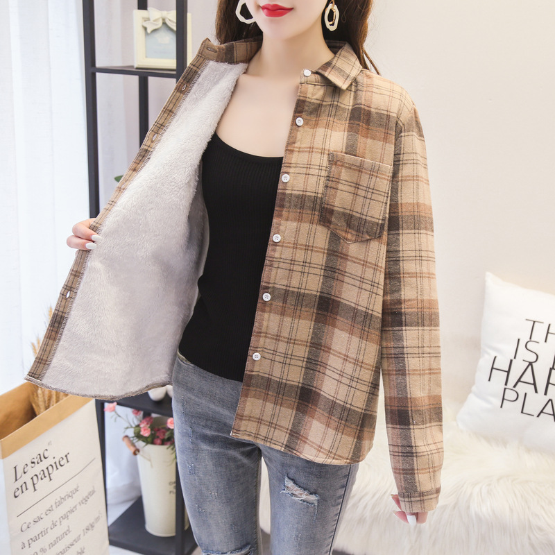 Thicken Plus Velvet Plaid Shirt Women Retro