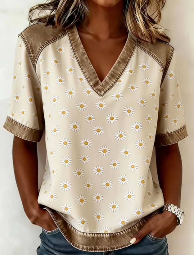 Color-blocked V-neck Raglan Sleeve T-shirt For Women, Loose Fit, Casual And Versatile Short Sleeve.