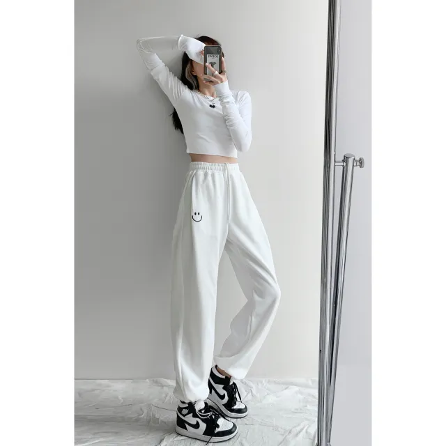 Women Smiley Face Embroidered Loose Casual Trousers Red - Shop at LoveMi