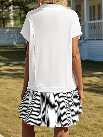 women’s patchwork striped polo v‑neck dress