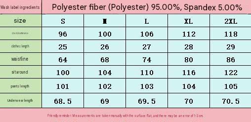 Size chart for S through 2XL showing top bust and length, pants waist, hip and length in centimeters, and 95% polyester with 5% spandex composition