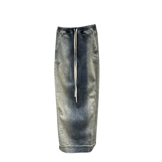 Elasticated Waistband Turned Into An Old Washed Denim Skirt Blue - Shop at LoveMi