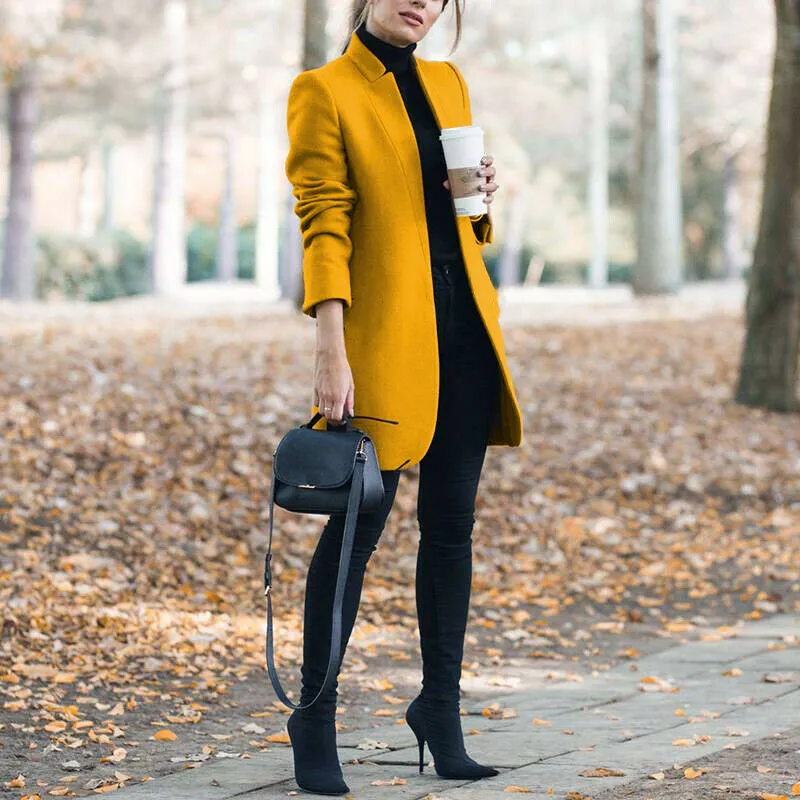 Autumn And Winter New Fashion Stand Collar Women's Woolen Coat - Yellow