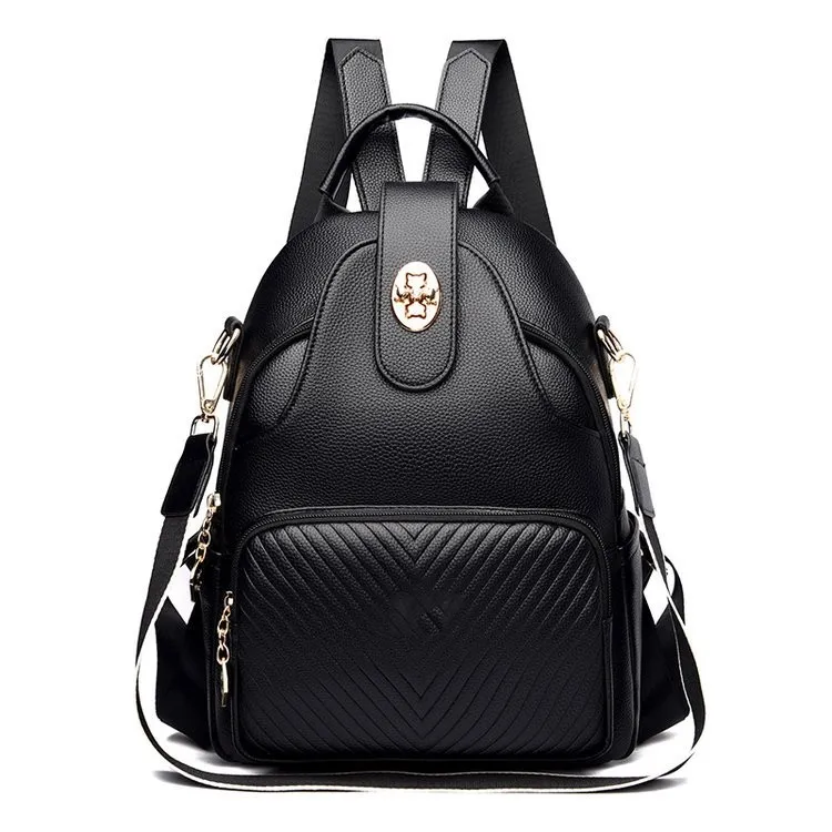 Stylish Multifunctional Backpack Women's Portable Pu Shoulder Backpack - Black