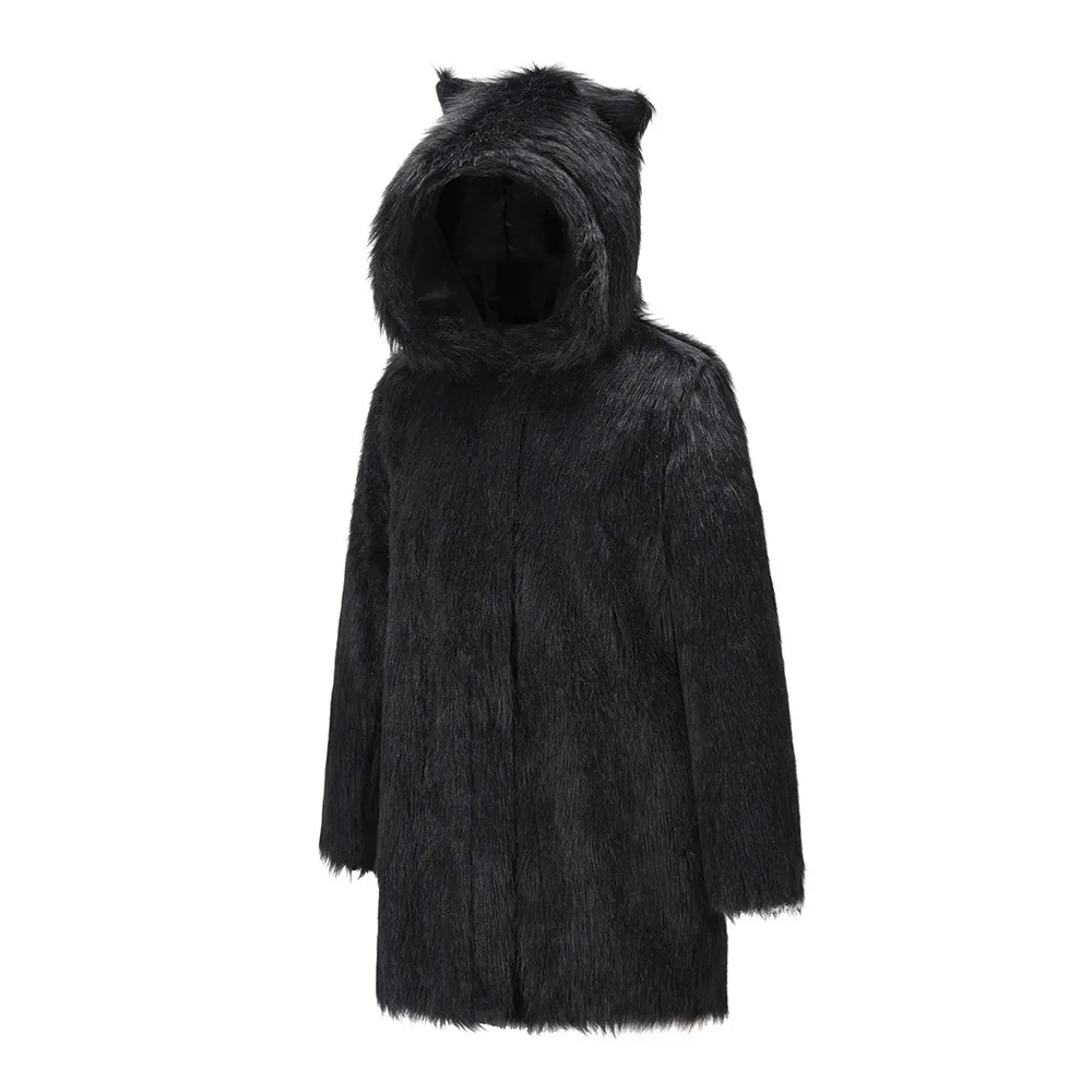 Fashion Warm Mid-length Faux Fur Coat Winter New Women's Coat With Hood - Black