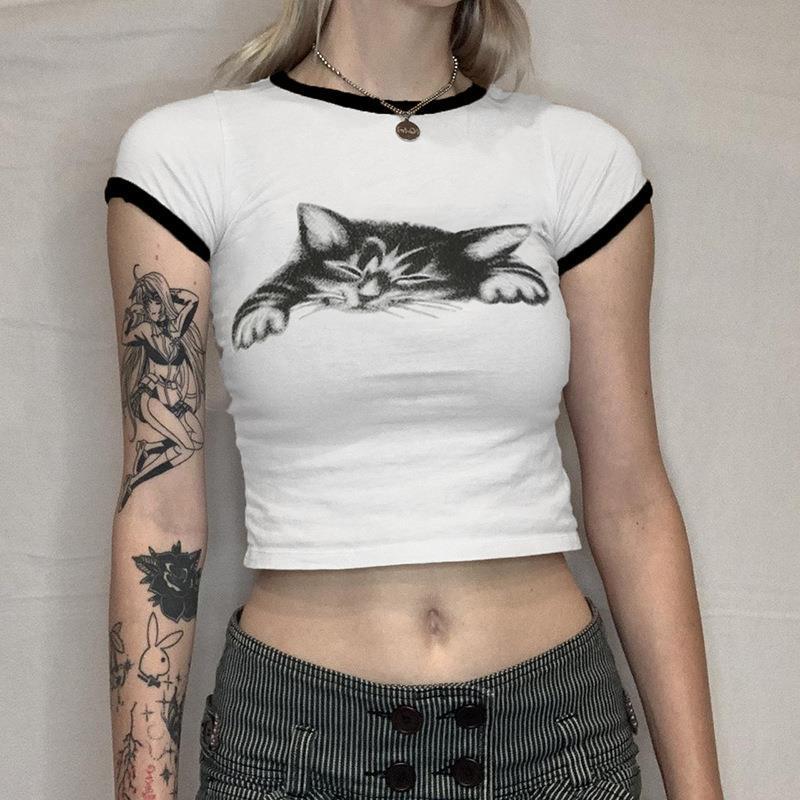 Women's Printed Round Neck Exposed Navel T-shirt
