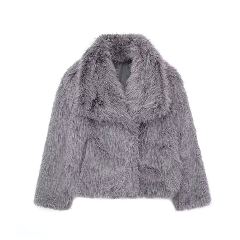 Large Lapel Fluffy Plush Artificial Fur Short Dark Gray - Shop at LoveMi