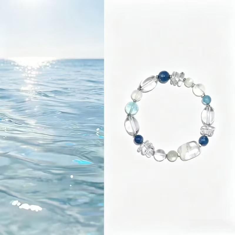Brățară din Apatit Albastru cu cuarț transparent natural Aquamarine cu două tonuri de lănțișor Element de apă cu mărgele Bijuterii energetice pentru femei