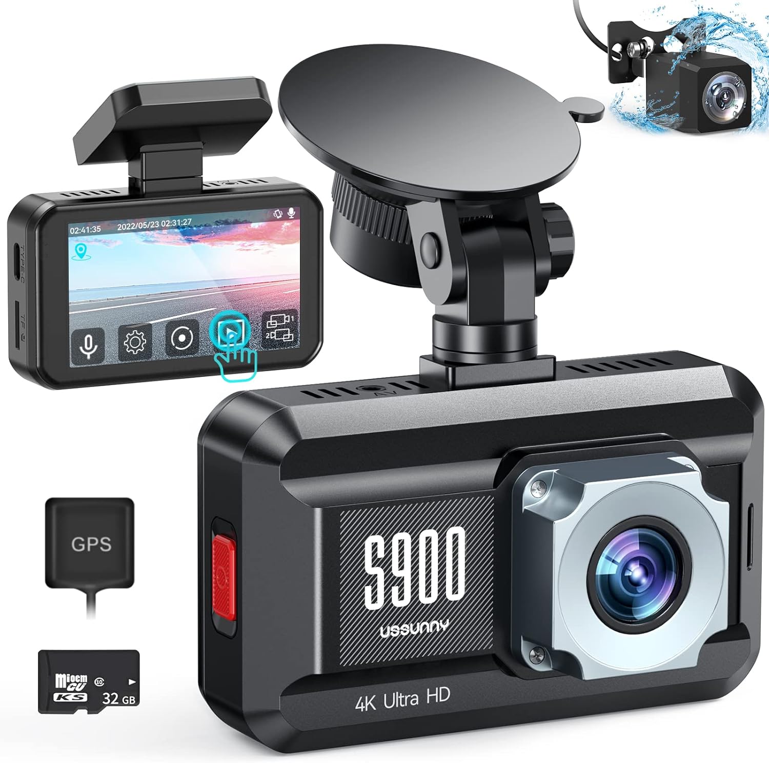 Ussunny Dual Dash Camera 4K Front 1080P Rear.