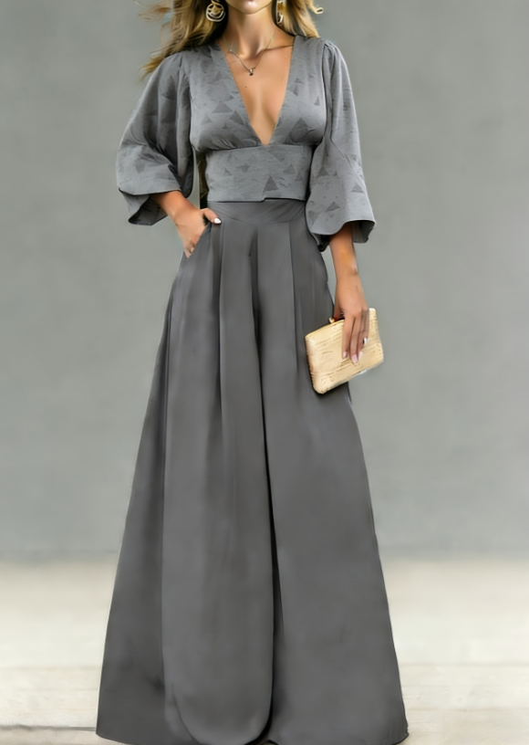 V-neck Puff Sleeve Top Wide-leg Pants Two-piece Set