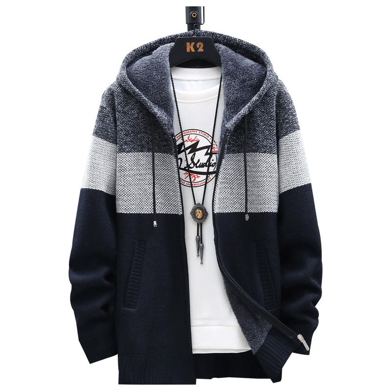 Gradient Color Block Plus Fleece Sweater Coat Hooded Cardigan Sweater