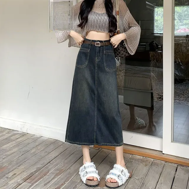 Three quarter Petite Retro Denim Skirt For Women, Trendy And Versatile, New Style, High waisted, Hip Skirt Blue - Shop at LoveMi