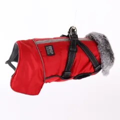 Pet Warm Fur Collar Cotton-padded JacketWaterproof Reflective Removable Chest And Back - Red - View 1