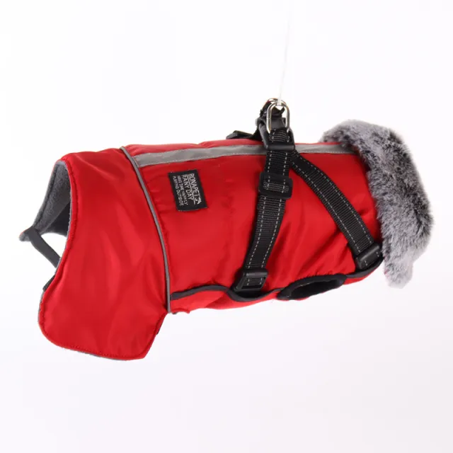 Pet Warm Fur Collar Cotton padded JacketWaterproof Reflective Removable Chest And Back Red - Shop at LoveMi