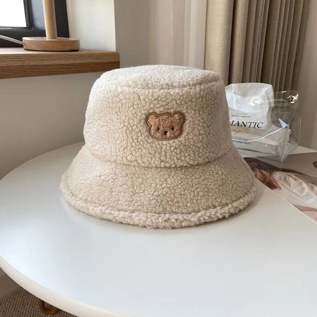 Cute Bear Lamb Hair Fisherman Corduroy Warm Basin Hat Khaki - Shop at LoveMi