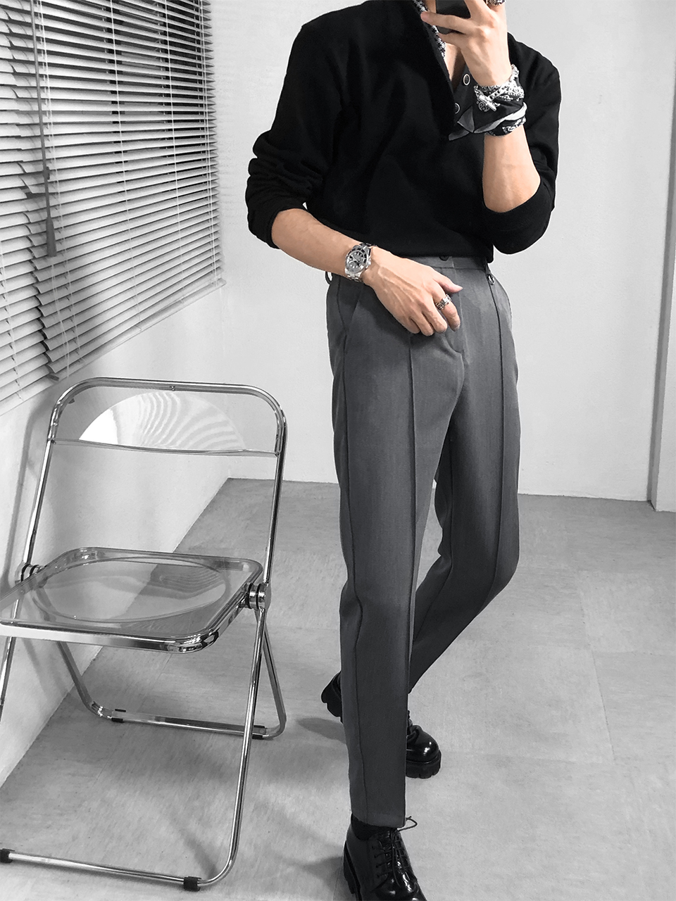 Title 5, Heren straight trousers small met ring drape, s...