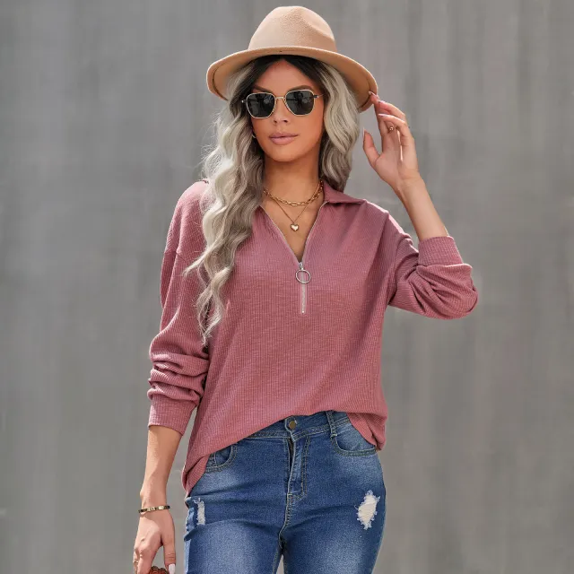 Women's Casual Lapel Pullover Knit Tops Pink - Shop at LoveMi