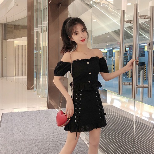 Summer New Fashion Lace Strapless Short Blouse Women High Waist Half-length Skirt Two-piece Suit
