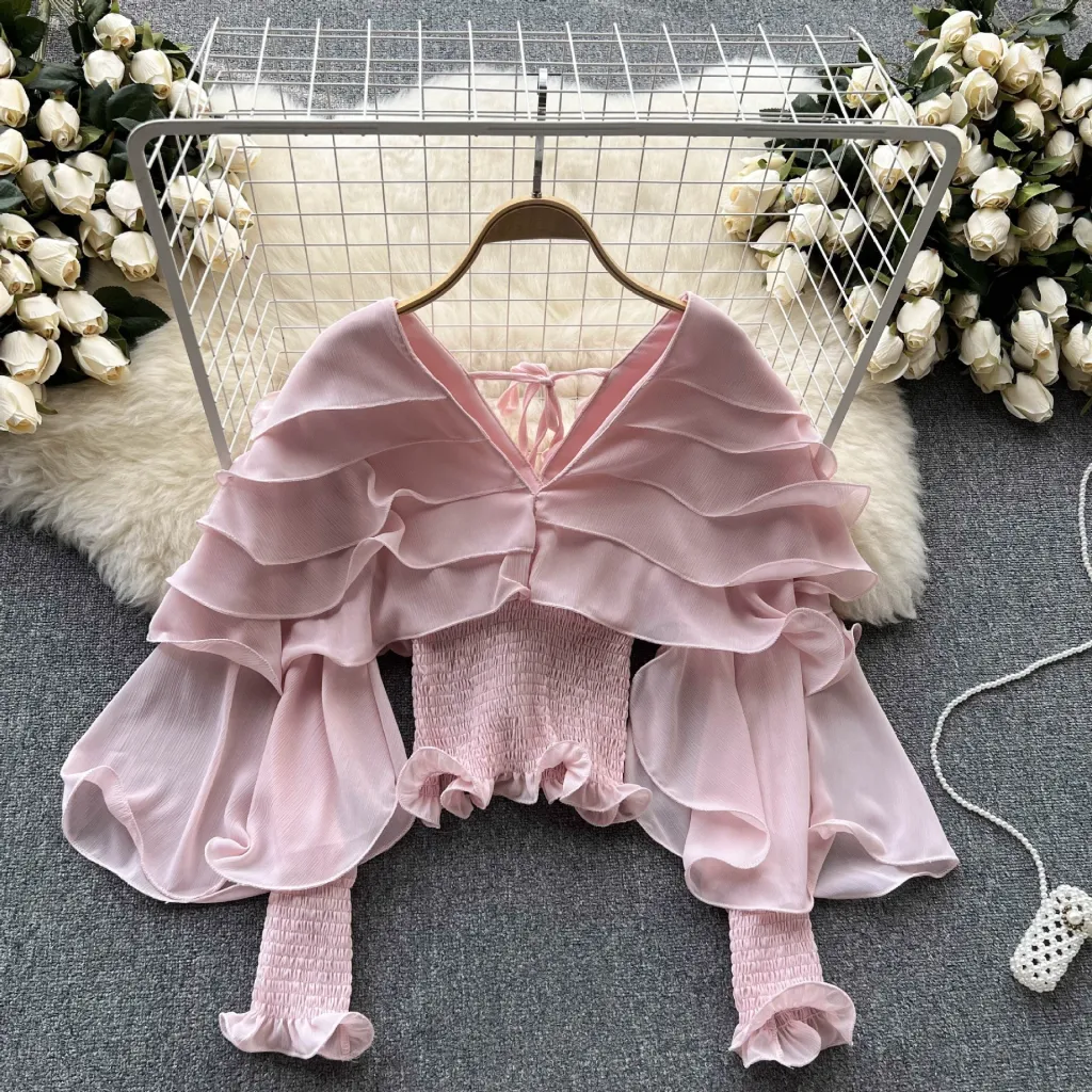 Niche Design Long Sleeve Shirt With Ruffled Edge Tucked In Waist Autumn Top - Pink