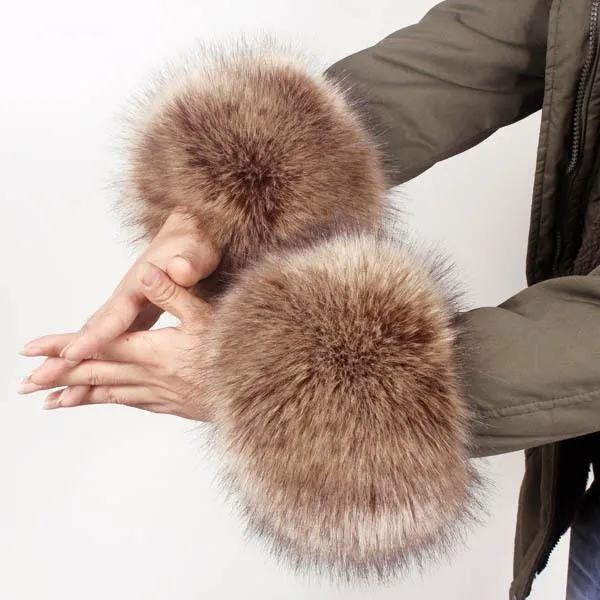 Women Furry Sleeve Cuffs Fox Short Wrist Bracelet Grass Coffee - Shop at LoveMi