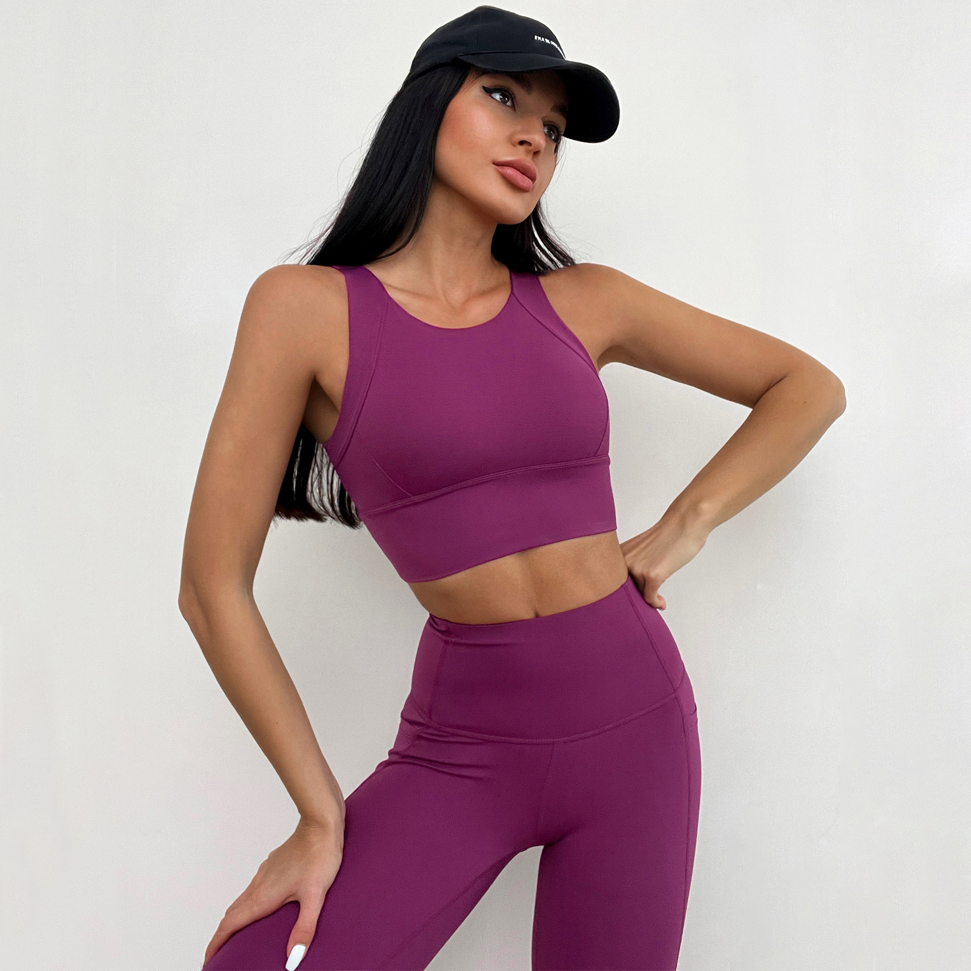 Popular Nude Fabric Sports Tank Top High Waist Pants Double Pocket Yoga Suit Set