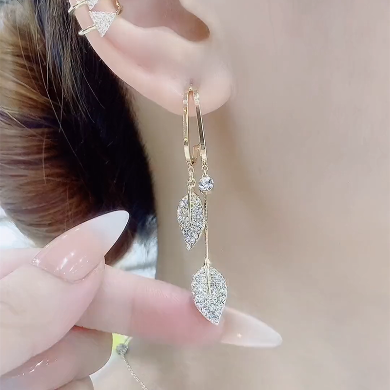 Women's Fashion Sterling Silver Golden Branches And Jade Leaves Earrings