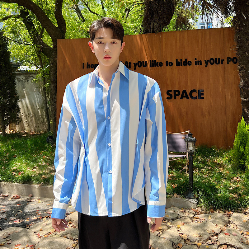 Design Button Waist Press Pleats Oversize Striped Shirt Men