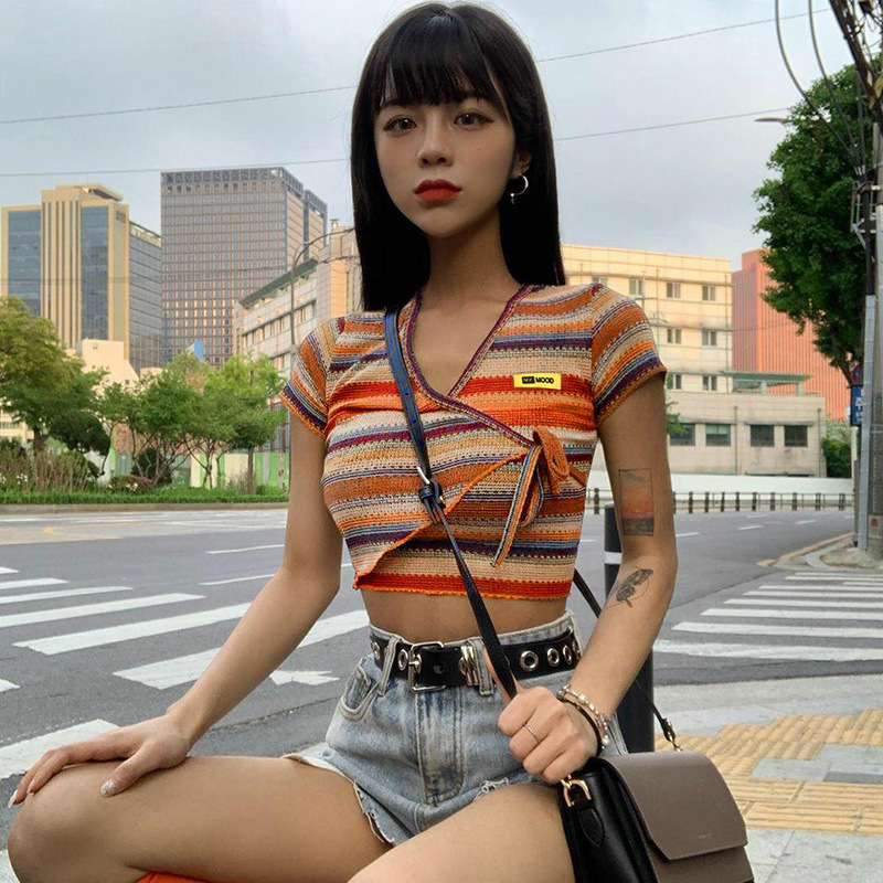 Women's Contrast Striped Tie-Up Short Sleeve T-Shirt
