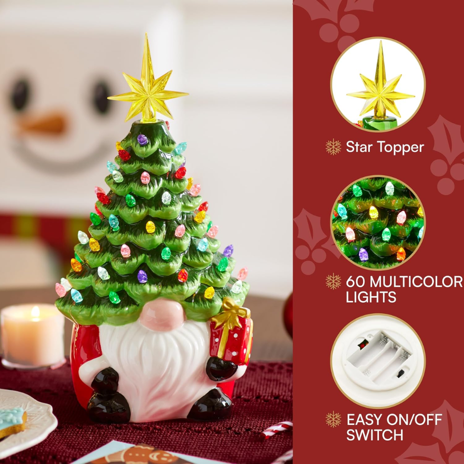 12 Gnome Ceramic Tree, Light Up Tabletop Xmas Decor With 60 LED Lights, Ceramic Tree With Christmas Themed Design, Xmas Holiday Indoor Office Table Fireplace Decoration