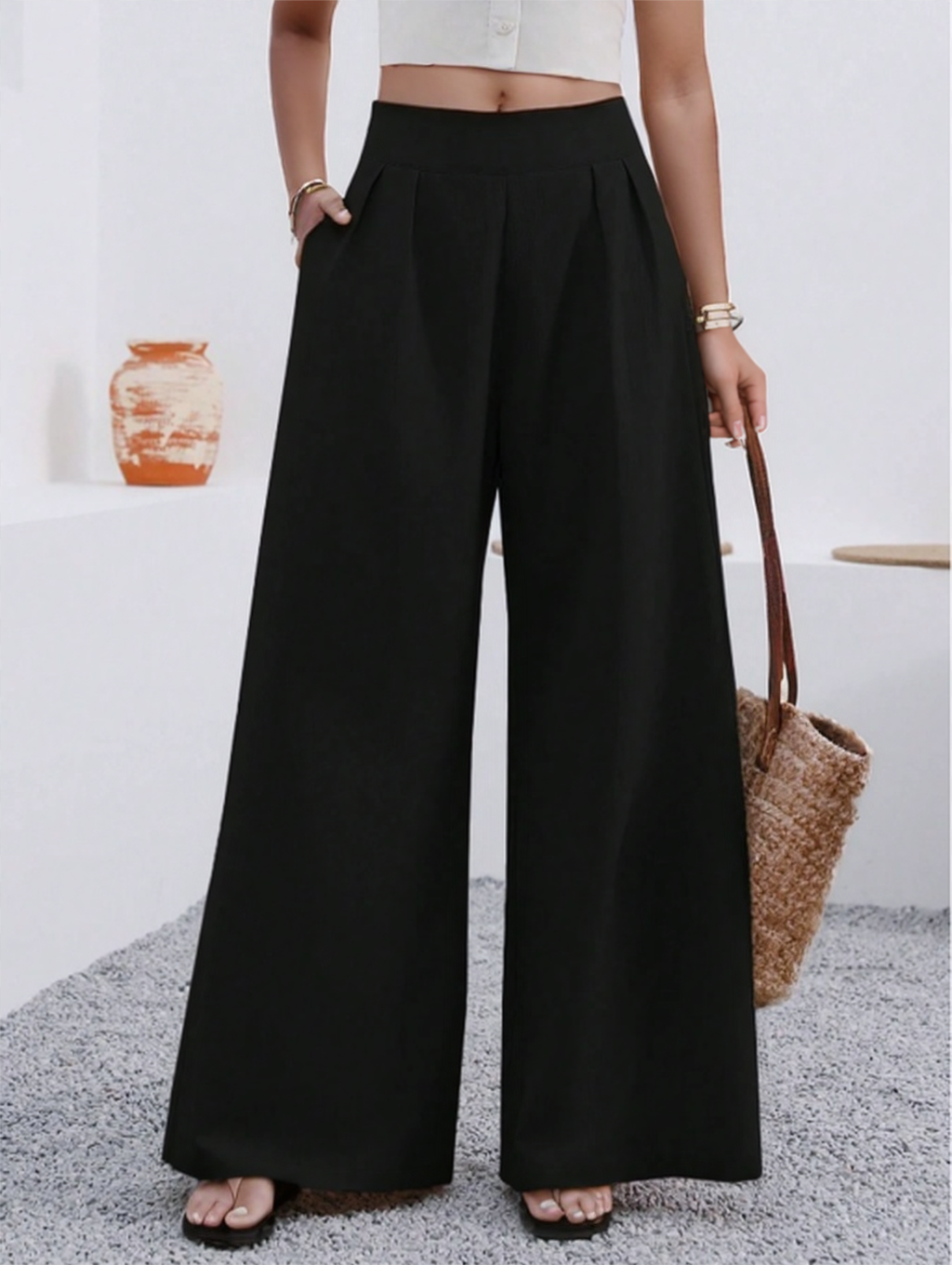 Solid Color Loose Wide Leg Elegant Pants With Pocket