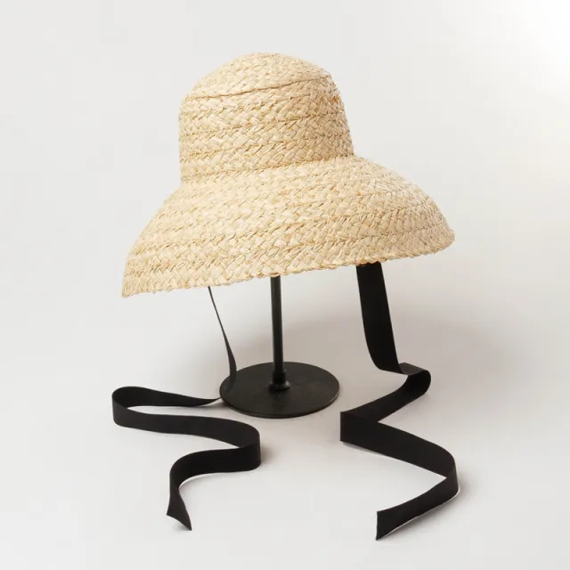 Hand woven Raffia Hat With Retro Flat Top Drooping Brim And Straps Black - Shop at LoveMi