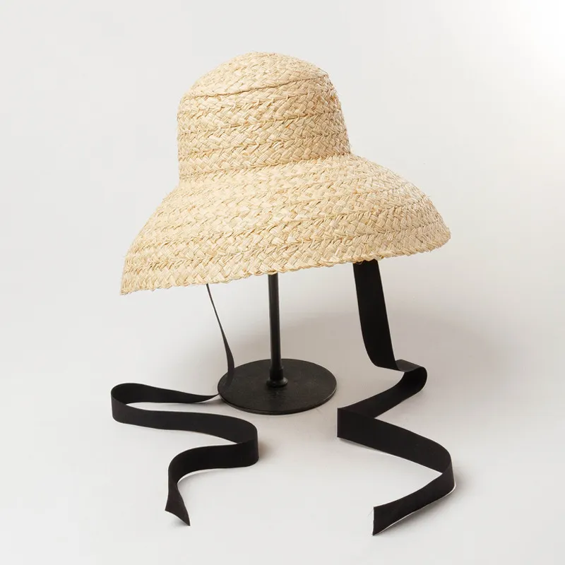 Hand-woven Raffia Hat With Retro Flat Top Drooping Brim And Straps - Black