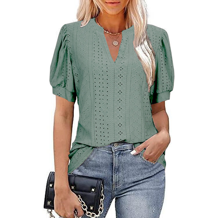 V-neck Solid Color Hollow Bubble Sleeve Loose T-shirt